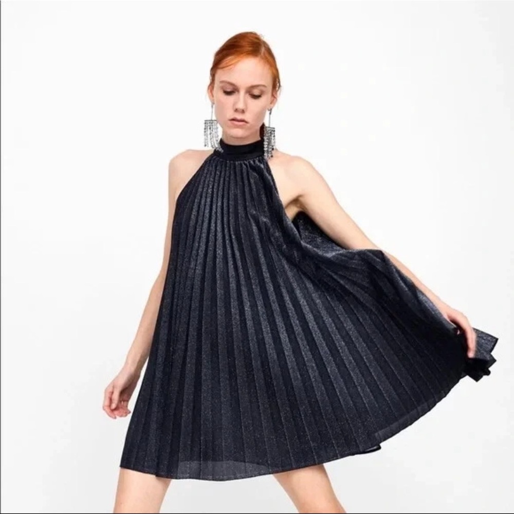 ZARA Pleated halter black & silver shimmer accordion mini dress XS NWT